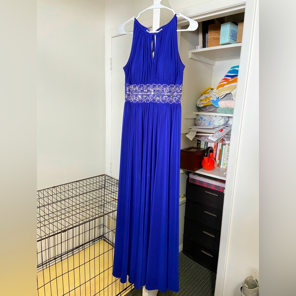 R&M Collection Cobalt Blue Prom/Recital dress, size 6, slit skirt, tie neck